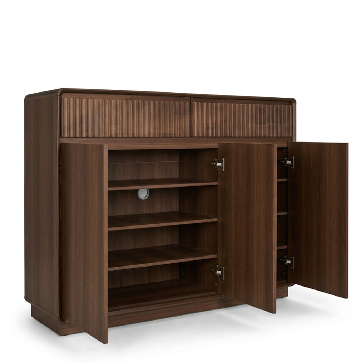 Wooden Shoe Cabinet with Multiple Storage Compartments on White Background.
