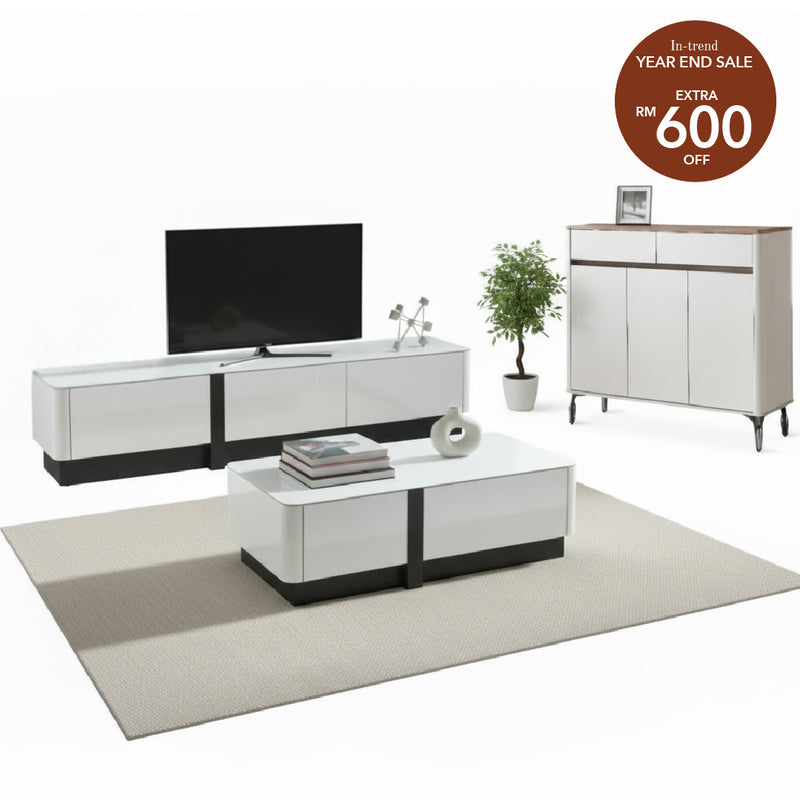 BREY Tempered Glass TV Cabinet & Coffee Table with Shoe Cabinet