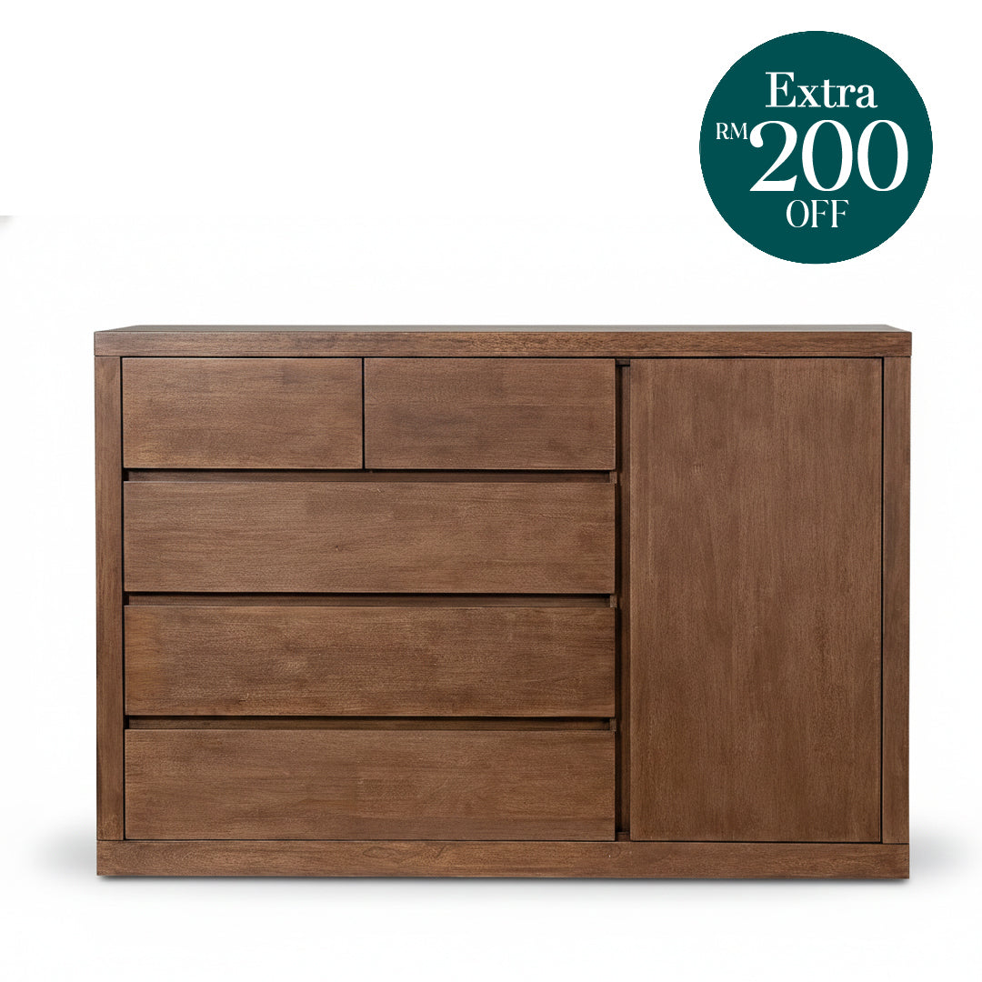 RAILEY 5 Drawer & 1 Door Solid Wood Chest of Drawers