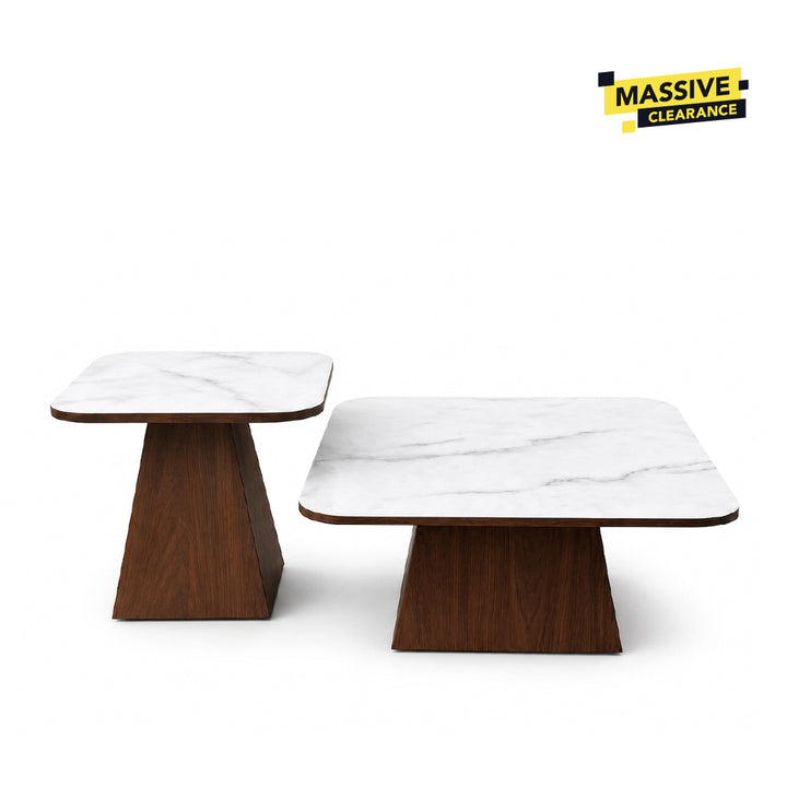 Two modern nesting side tables with white marble-patterned tops and dark brown wooden tapered bases, shown on a clean white background.