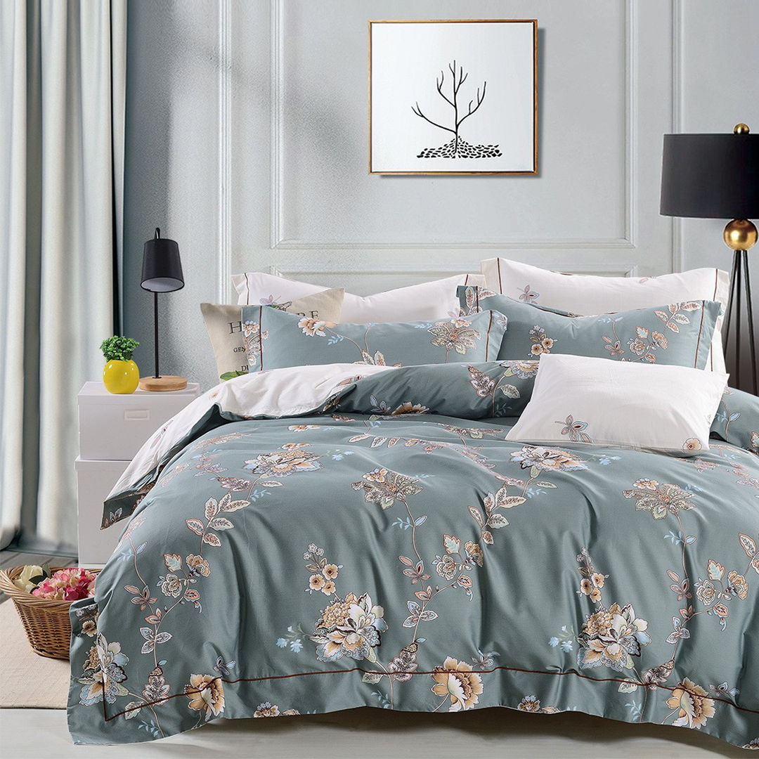 Ash Grey Cotton Printed Duvet Cover Set