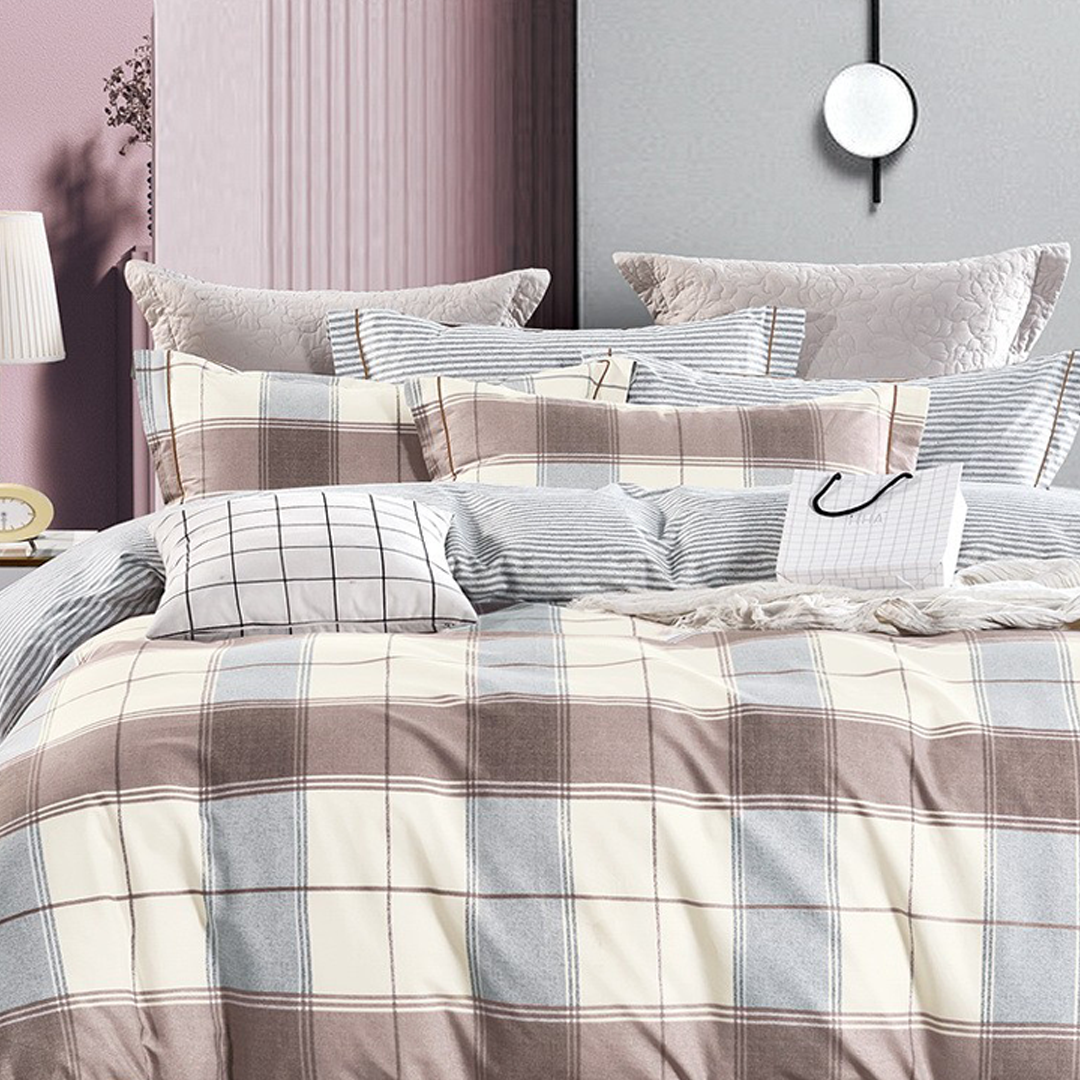 Wood Checks Cotton Printed Duvet Cover Set