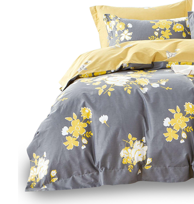 Grey Magnolia Cotton Print Fitted Sheet Set